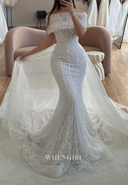 Graceful Off Shoulder Pearls Beading Mermaid Wedding Dress with Long Removable sleeves and Court Train