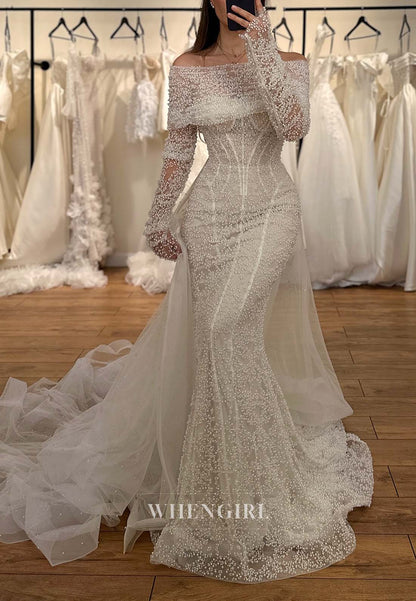 Graceful Off Shoulder Pearls Beading Mermaid Wedding Dress with Long Removable sleeves and Court Train