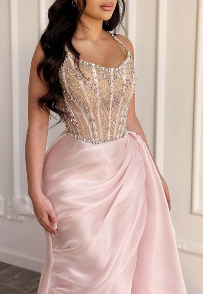 Light Pink Sleeveless Rhinestone Beaded Ruched Sheath Sweep Train Evening Gown Formal Gown