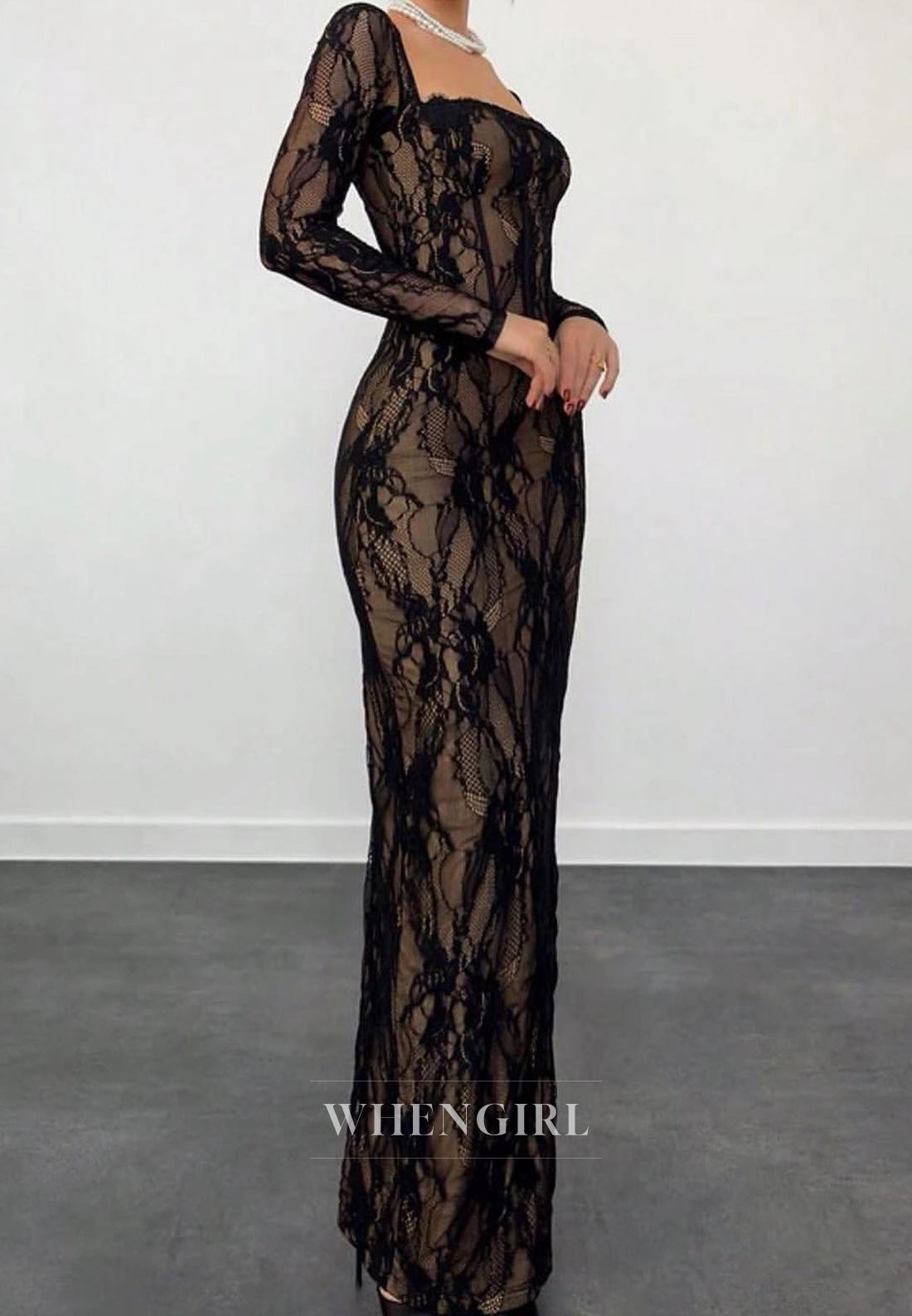 Sexy Square Neck Long Sleeves Sheath Black Lace Formal Prom Dress with Appliques