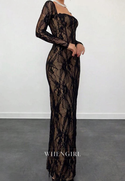 Sexy Square Neck Long Sleeves Sheath Black Lace Formal Prom Dress with Appliques