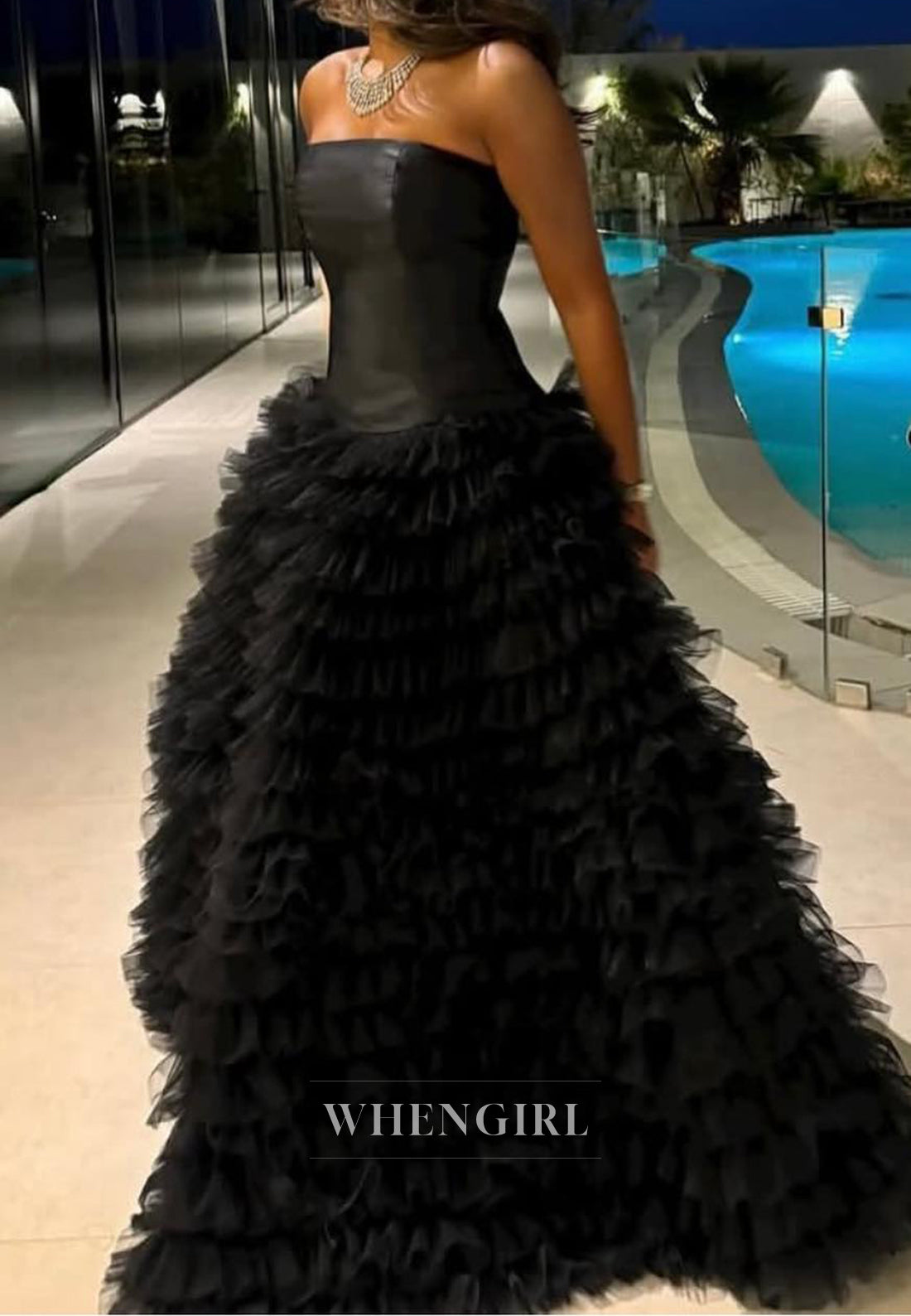 Elegant Tube Top A-Line Sleeveless Pleats Lace Black Ball Gowns Prom Dress with Train