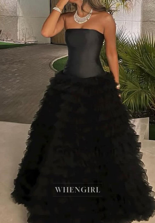 Elegant Tube Top A-Line Sleeveless Pleats Lace Black Ball Gowns Prom Dress with Train