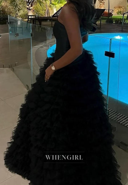 Elegant Tube Top A-Line Sleeveless Pleats Lace Black Ball Gowns Prom Dress with Train