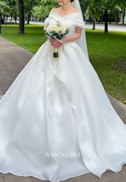 A-Line Off Shoulder Pleated Short Sleeves Simple Wedding Dress