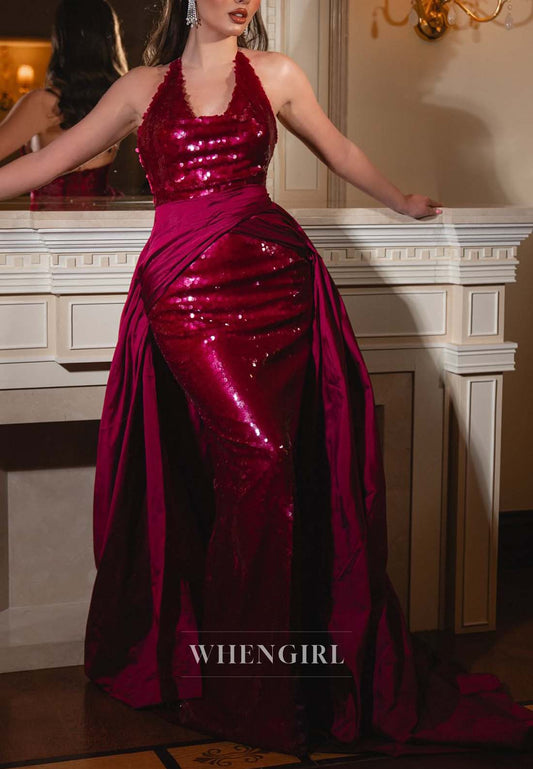 Burgundy Halter Sleveless Pleated Formal Dress Train Sheath Evening Gown