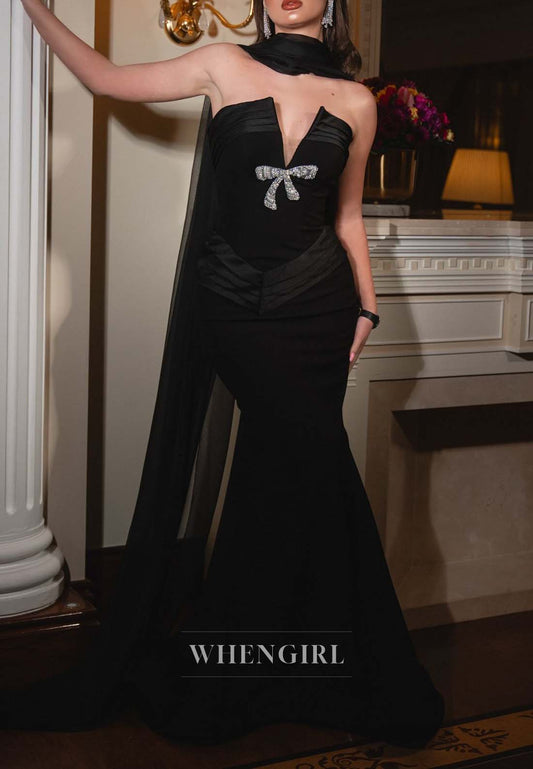Black V Neck Sleeveless Beaded Mermaid Formal Dress Evening Dress with Cape