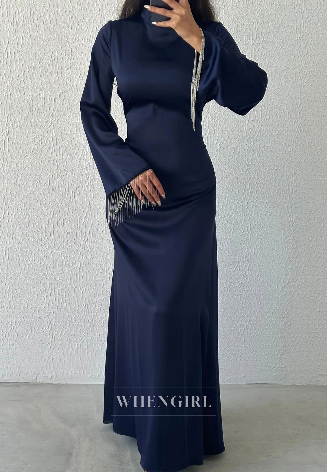 Column Simple High Neck Long Sleeves Tassels Ankle Length Evening Formal Dress