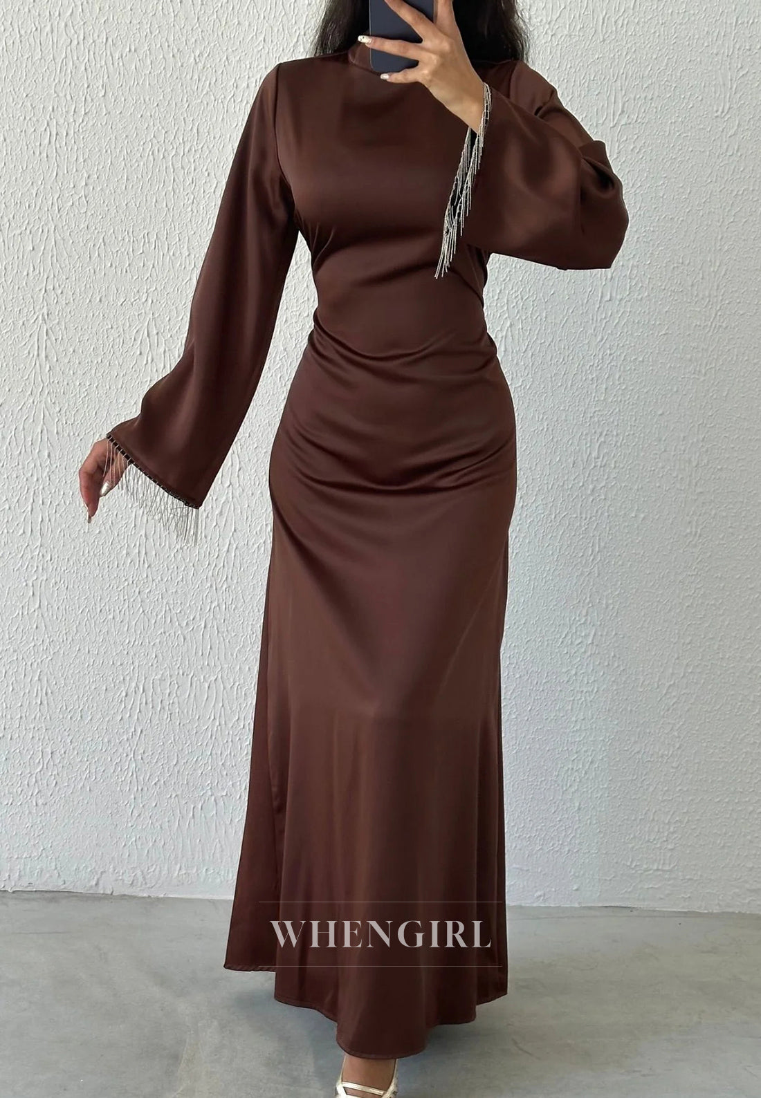 Column Simple High Neck Long Sleeves Tassels Ankle Length Evening Formal Dress