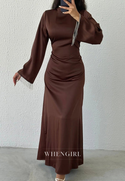 Column Simple High Neck Long Sleeves Tassels Ankle Length Evening Formal Dress