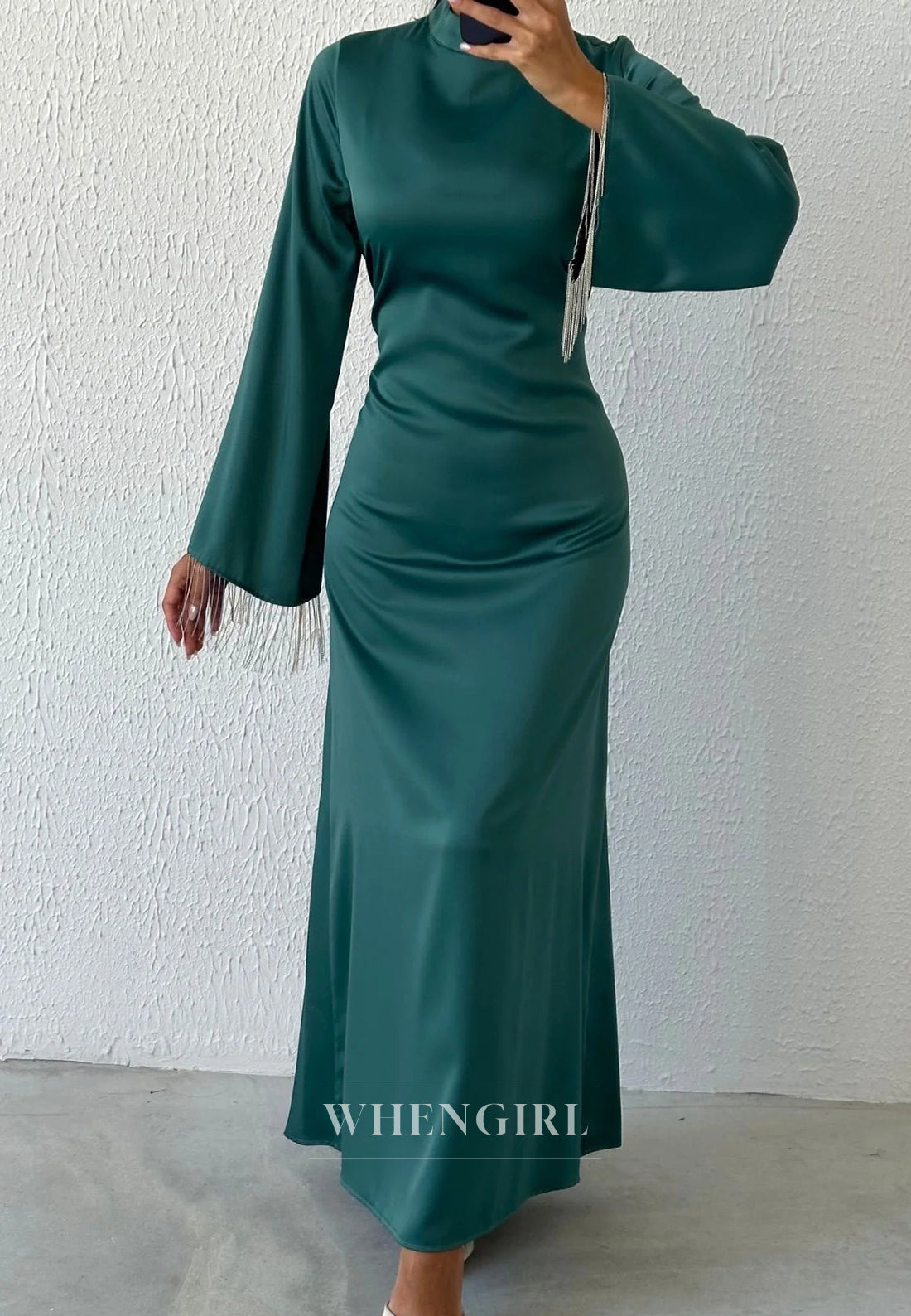 Column Simple High Neck Long Sleeves Tassels Ankle Length Evening Formal Dress