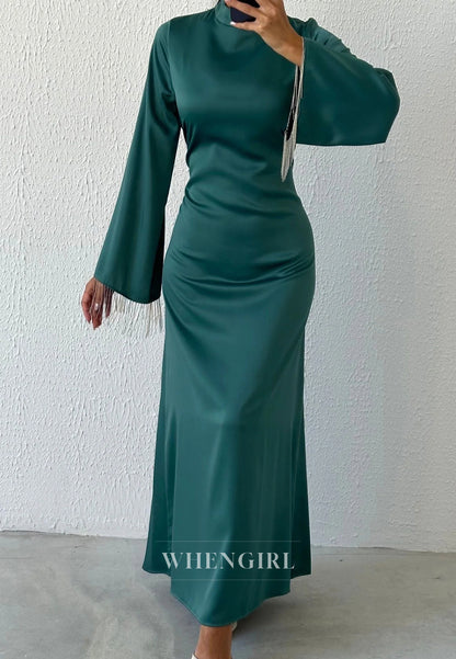Column Simple High Neck Long Sleeves Tassels Ankle Length Evening Formal Dress