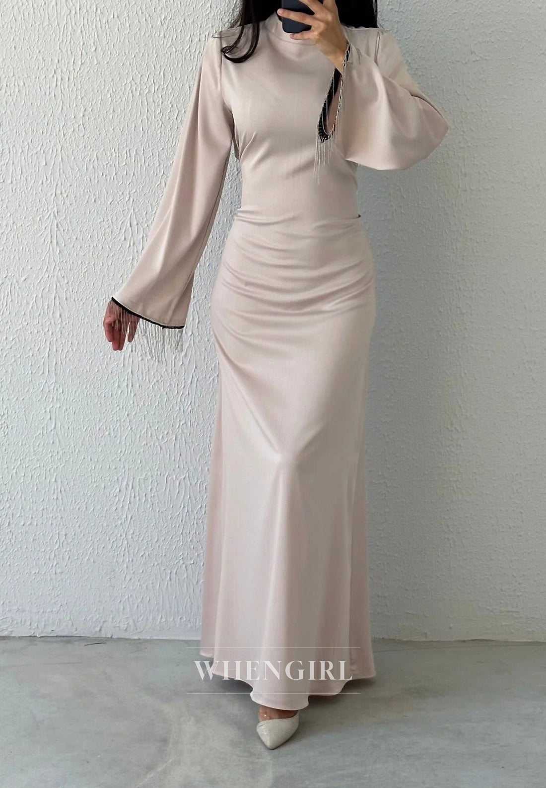 Column Simple High Neck Long Sleeves Tassels Ankle Length Evening Formal Dress