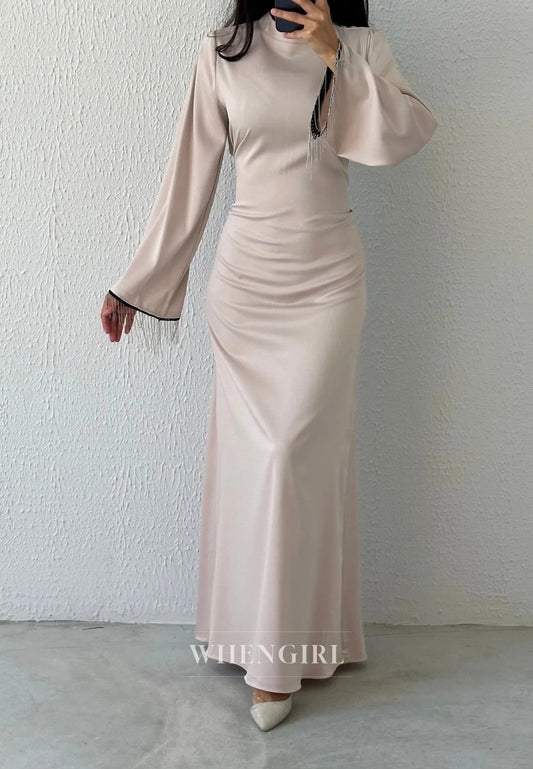 Column Simple High Neck Long Sleeves Tassels Ankle Length Evening Formal Dress