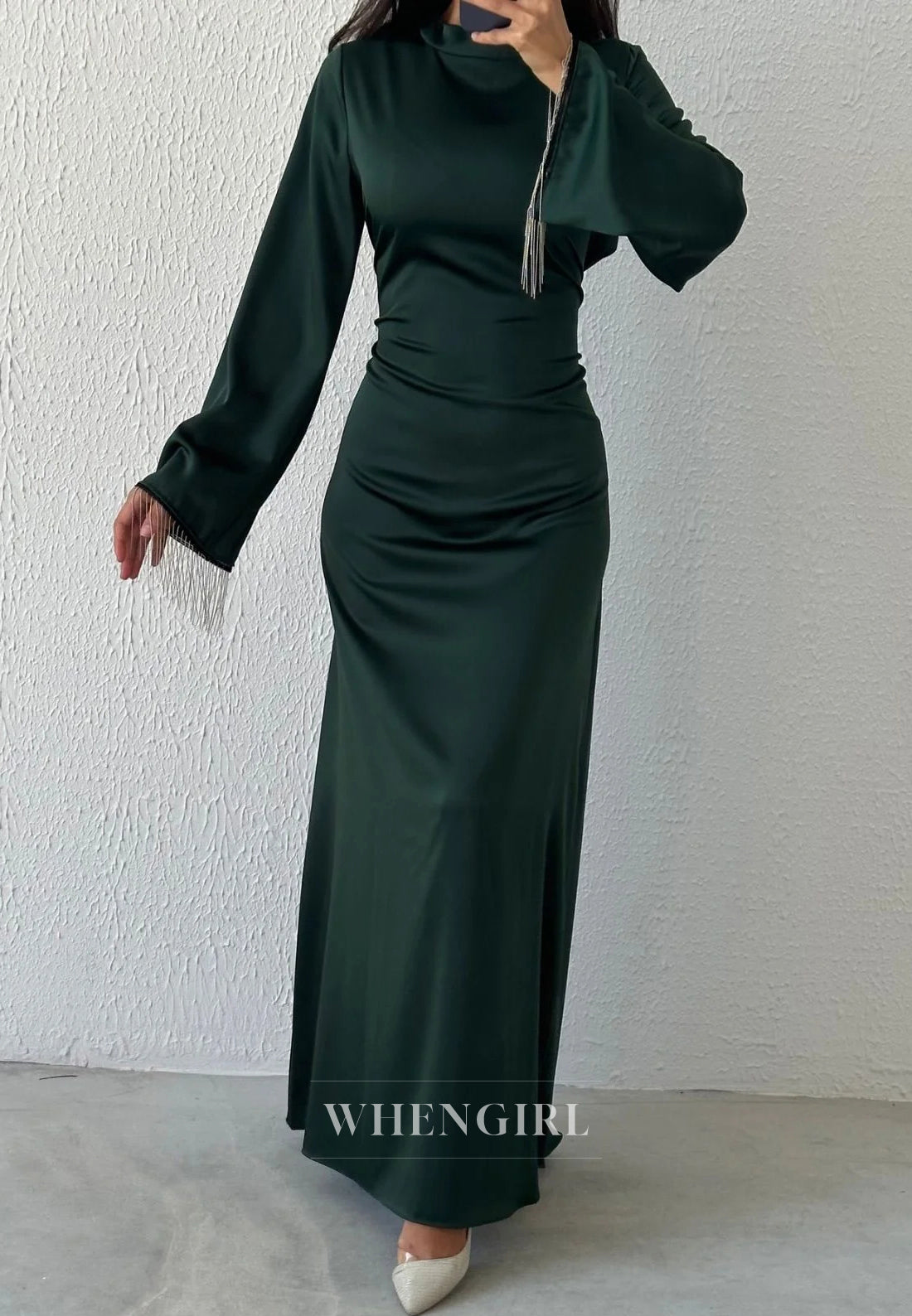 Column Simple High Neck Long Sleeves Tassels Ankle Length Evening Formal Dress