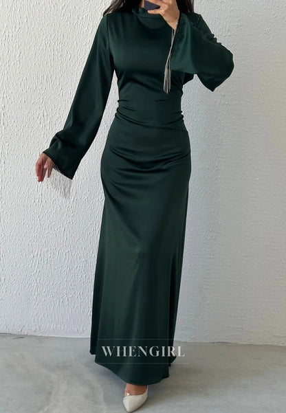 Column Simple High Neck Long Sleeves Tassels Ankle Length Evening Formal Dress