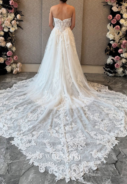 A-Line Strapless Appliqued Lace Corset Sleeveless Beaded Side Slit Wedding Dress with Chapel Train