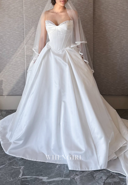 Pearls Beading Pleated Sweetheart Sleeveless Satin A-Line Wedding Dress with Trian