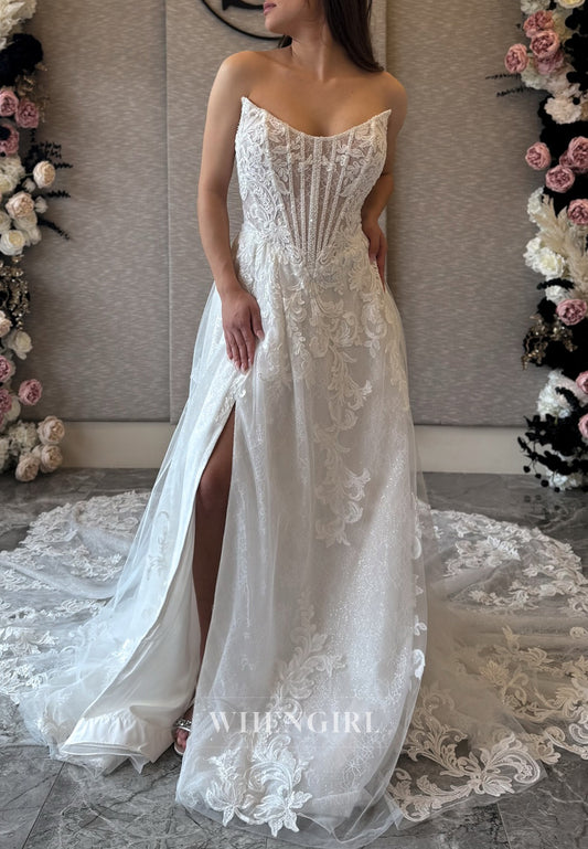 A-Line Strapless Appliqued Lace Corset Sleeveless Beaded Side Slit Wedding Dress with Chapel Train