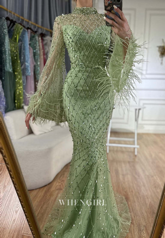 Mint Green High Neck Beaded Bell Sleeves Formal Dress Feather Sweep Train Mermaid Evening Gown