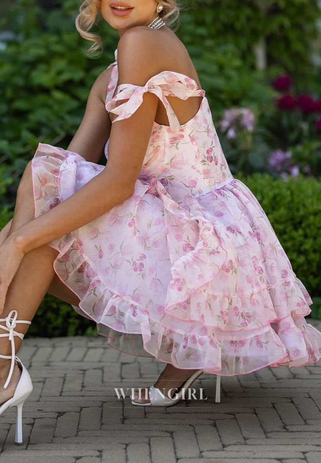 Cute A-Line V Neck Sleeveless Floral Short Homecoming Dress