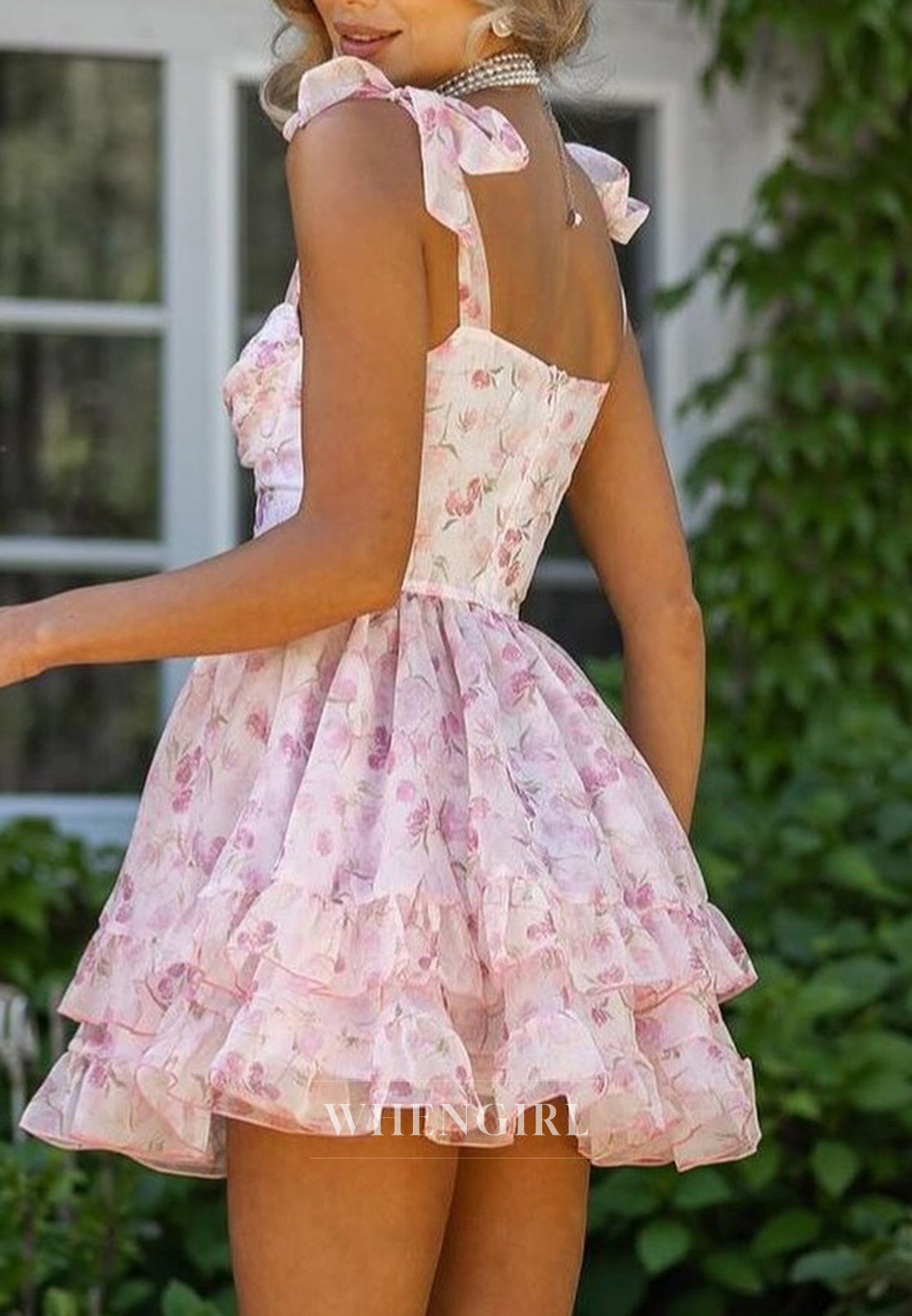 Cute A-Line V Neck Sleeveless Floral Short Homecoming Dress