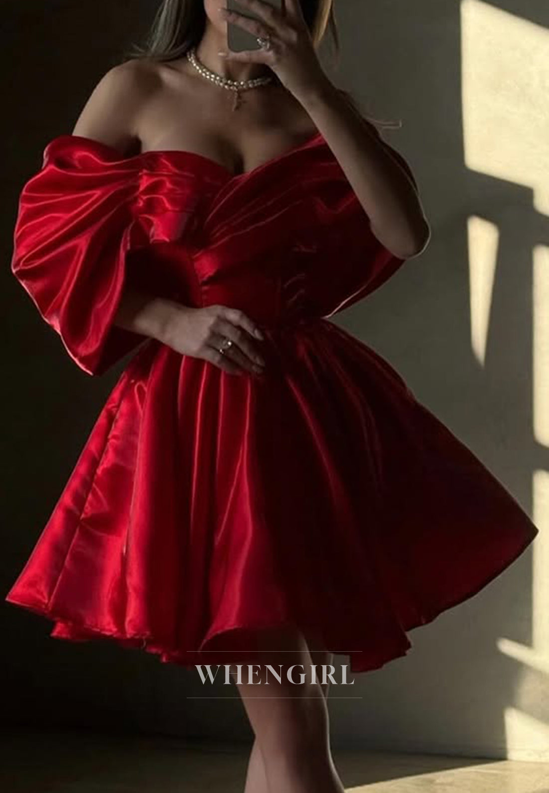 Satin Pleated Off Shoulder A-Line Short Sleeveless Homecoming Dress