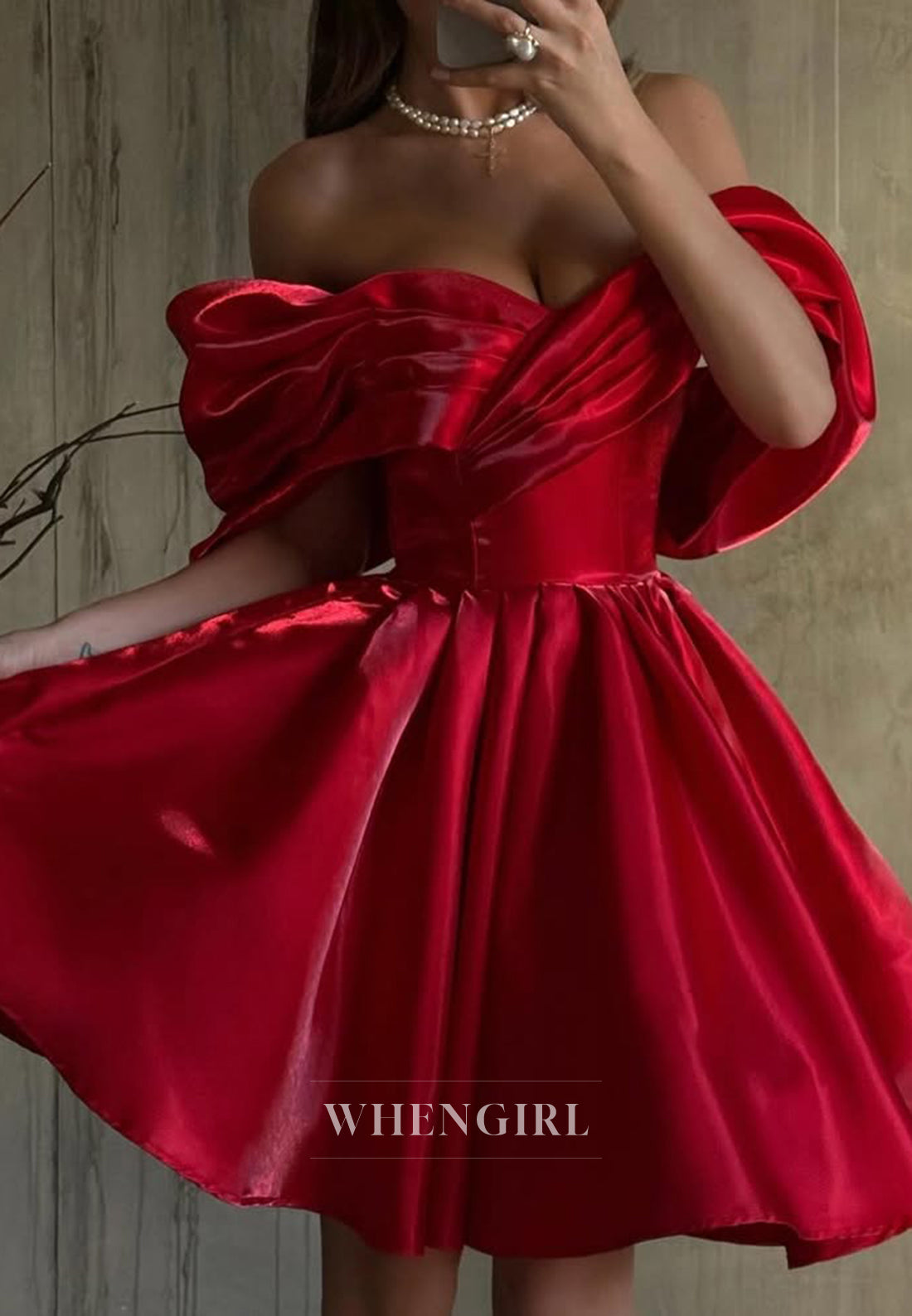 Satin Pleated Off Shoulder A-Line Short Sleeveless Homecoming Dress