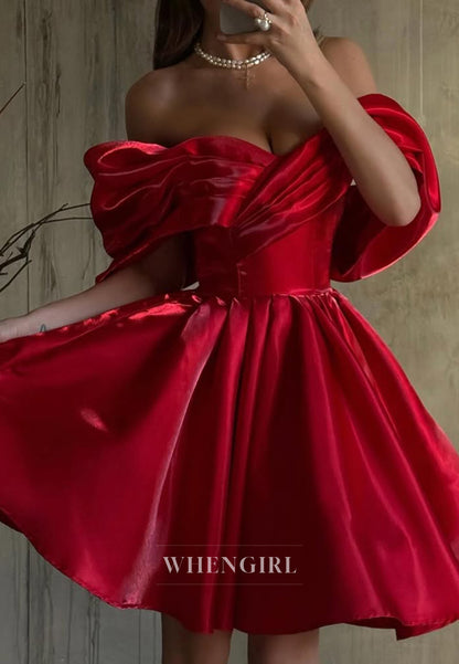 Satin Pleated Off Shoulder A-Line Short Sleeveless Homecoming Dress