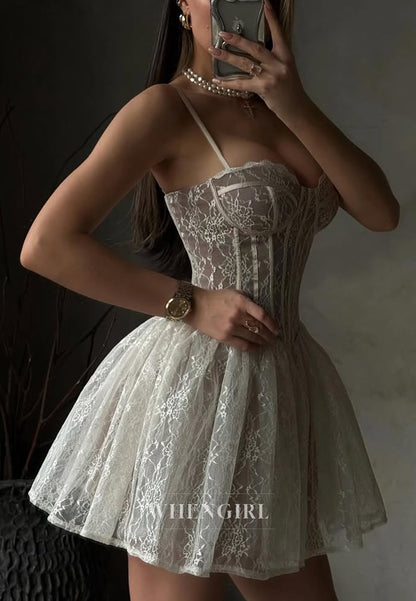 A-Line Ivory Sweetheart Embroidery Lace Spaghetti Straps Sleeveless Short Homecoming Dress