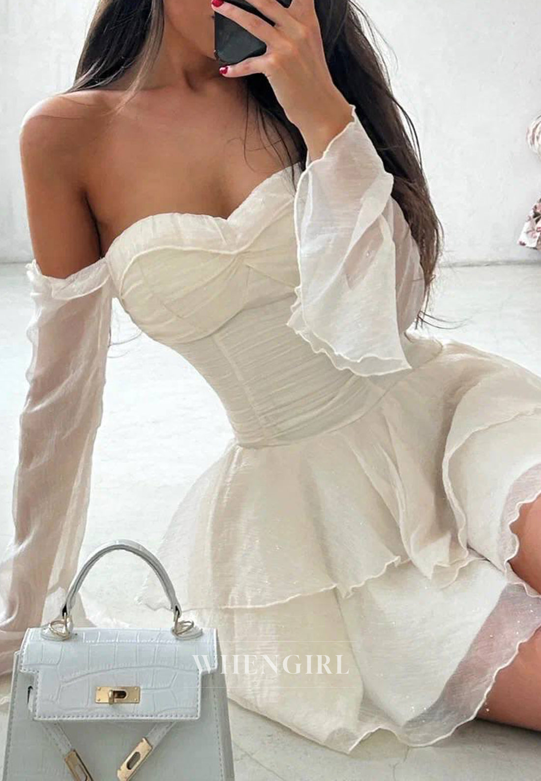 Ivory Sweetheart Off Shoulder Long Sleeves High Low Ruffles A-Line Homecoming Dress