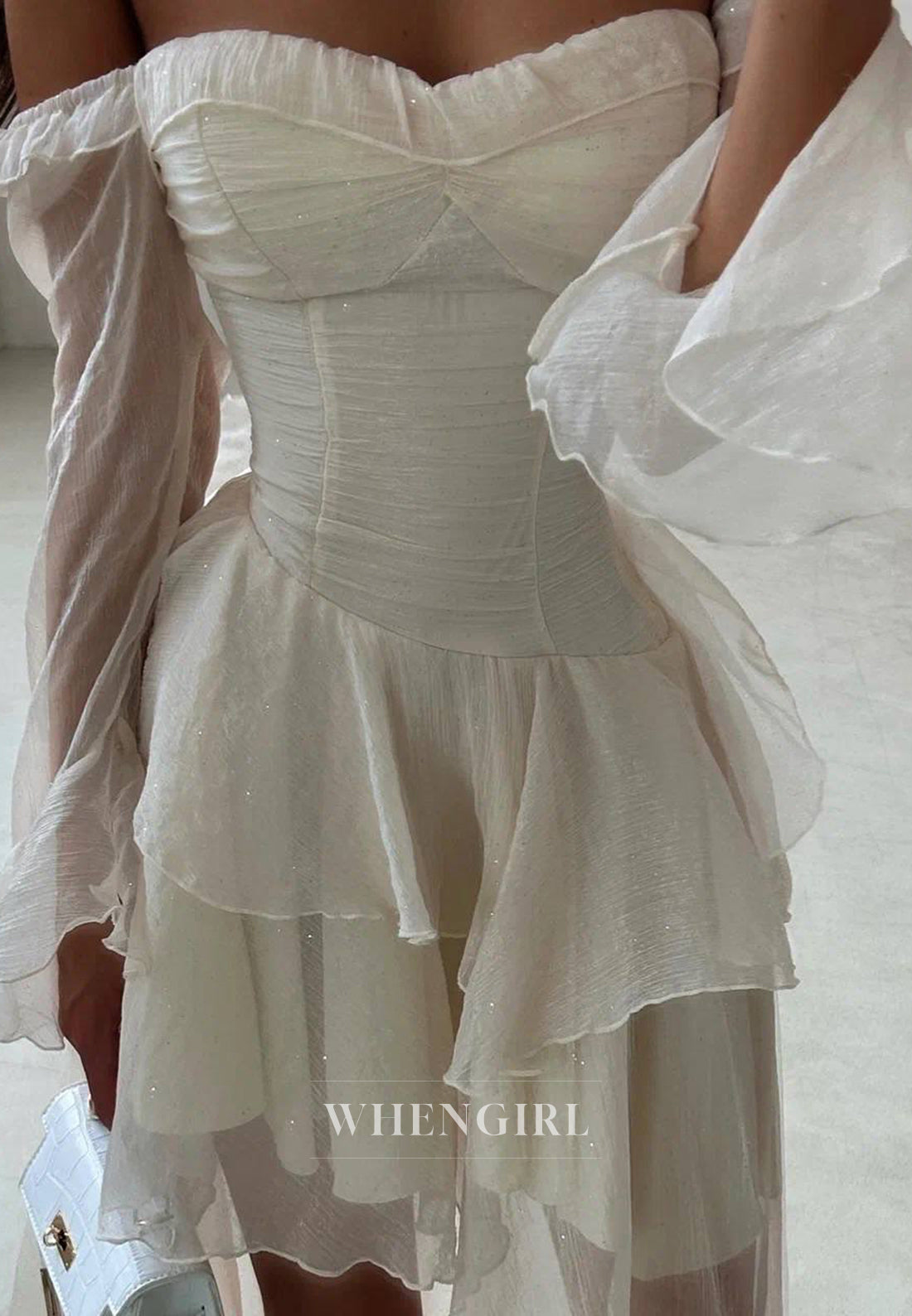 Ivory Sweetheart Off Shoulder Long Sleeves High Low Ruffles A-Line Homecoming Dress