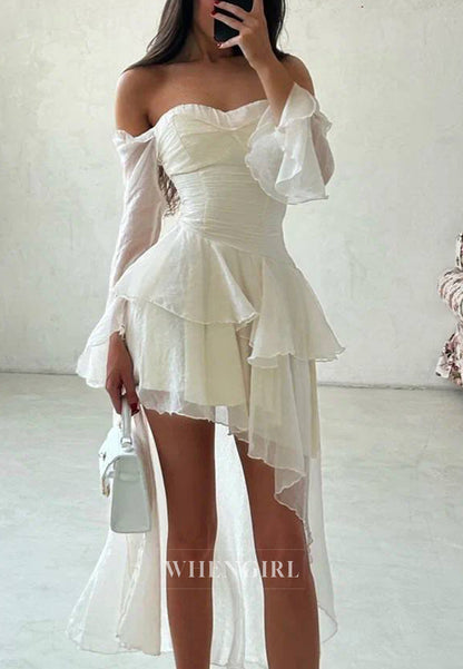 Ivory Sweetheart Off Shoulder Long Sleeves High Low Ruffles A-Line Homecoming Dress