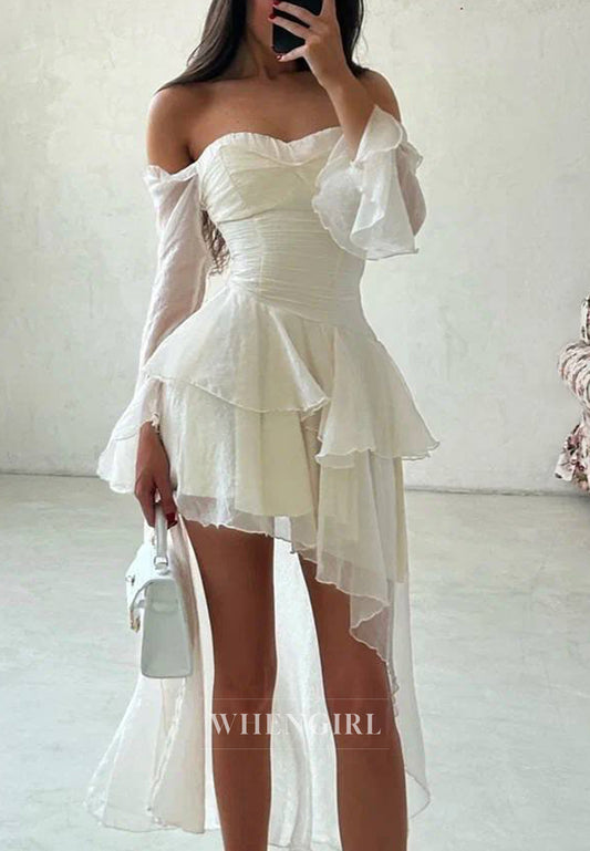 Ivory Sweetheart Off Shoulder Long Sleeves High Low Ruffles A-Line Homecoming Dress