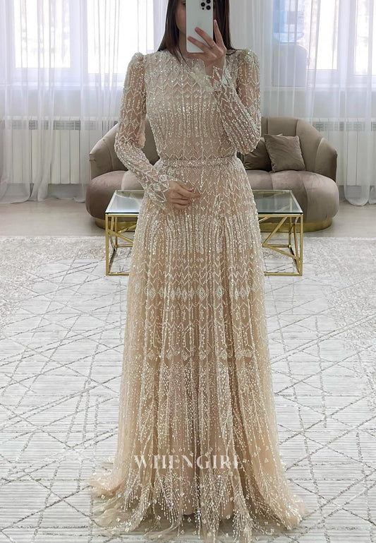 Sheath Long Sleeves Bateau Neck Beaded Sweep Trian Evening Formal Dress