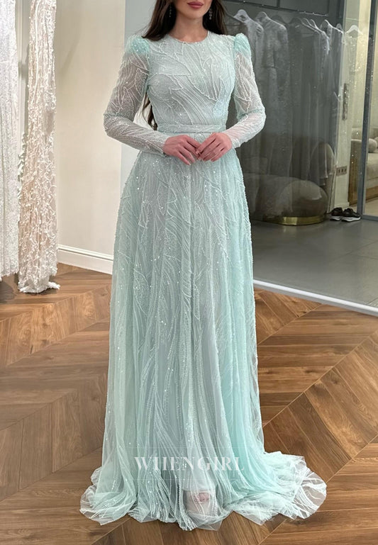 Blue Bateau Neck Long Sleeves Beaded Sheath Long Formal Evening Dress with Train