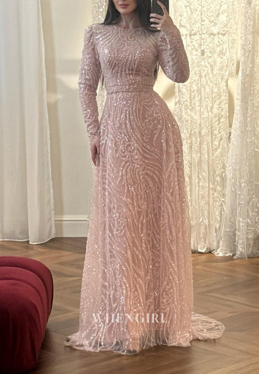 Soft Blush A-Line Bateau Long Sleeves Beaded Sweep Train Evening Formal Dress