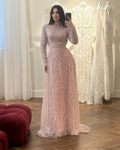 Soft Blush A-Line Bateau Long Sleeves Beaded Sweep Train Evening Formal Dress
