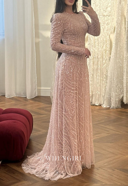 Soft Blush A-Line Bateau Long Sleeves Beaded Sweep Train Evening Formal Dress