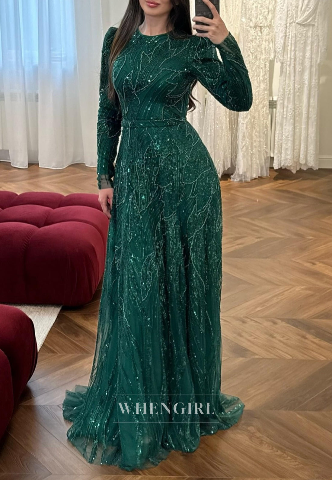 Teal Bateau Neck Long Sleeves Beaded A-line Evening Formal Dress