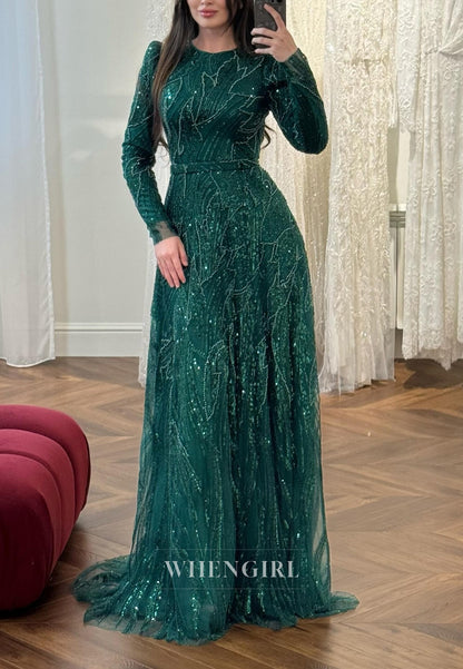 Teal Bateau Neck Long Sleeves Beaded A-line Evening Formal Dress