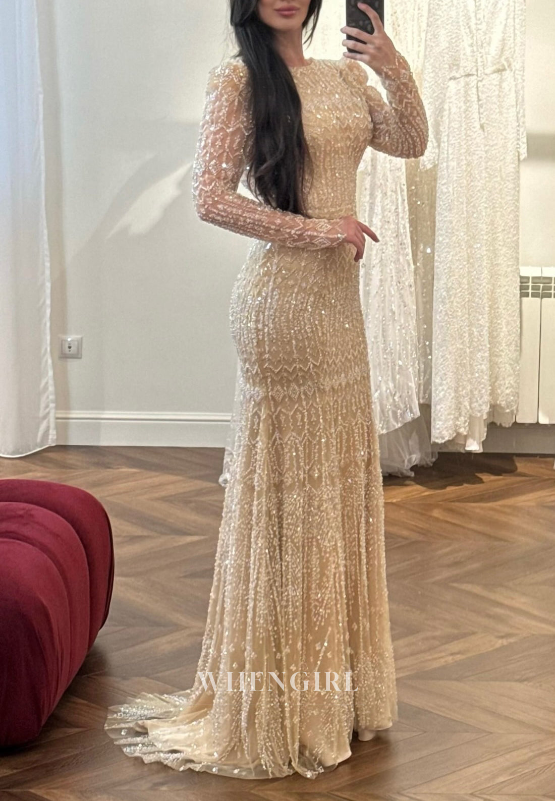 Sheath Long Sleeves Bateau Neck Beaded Sweep Trian Evening Formal Dress
