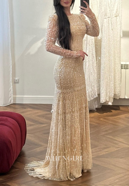 Sheath Long Sleeves Bateau Neck Beaded Sweep Trian Evening Formal Dress