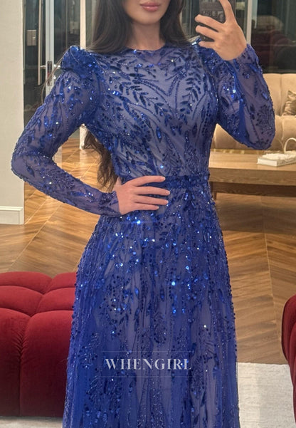 Royal Blue Beaded Sheath Long Sleeves Sweep Train Bateau Neck Evening Formal Dress