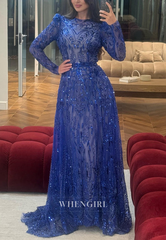 Royal Blue Beaded Sheath Long Sleeves Sweep Train Bateau Neck Evening Formal Dress