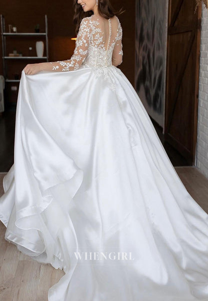 V Neck Long Sleeves Appliqued Lace A-Line Satin Court Train Wedding Dress