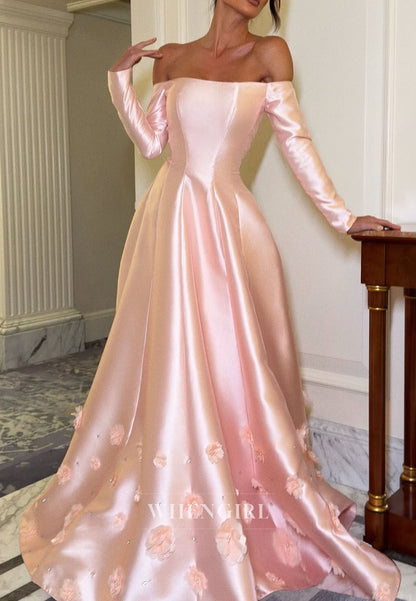 Pink A-Line Satin Floral Off Shoulder Long Sleeves Evening Formal Gown