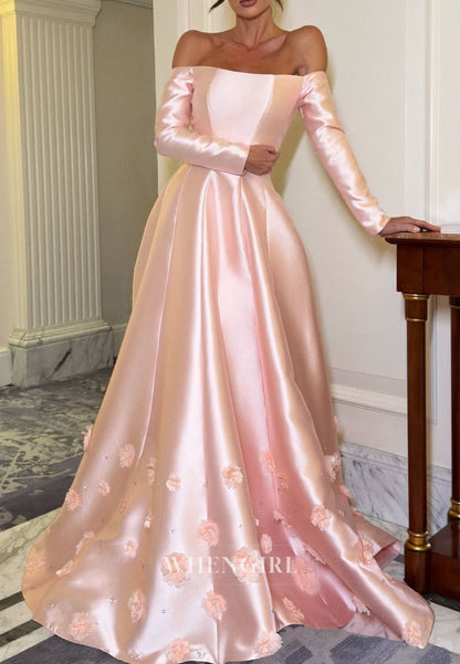 Pink A-Line Satin Floral Off Shoulder Long Sleeves Evening Formal Gown