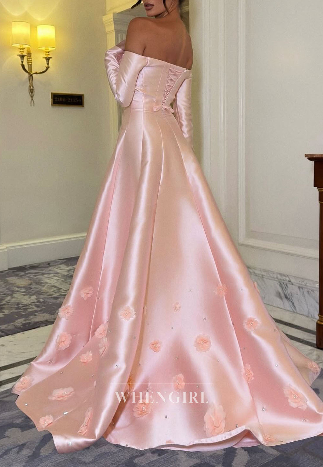 Pink A-Line Satin Floral Off Shoulder Long Sleeves Evening Formal Gown
