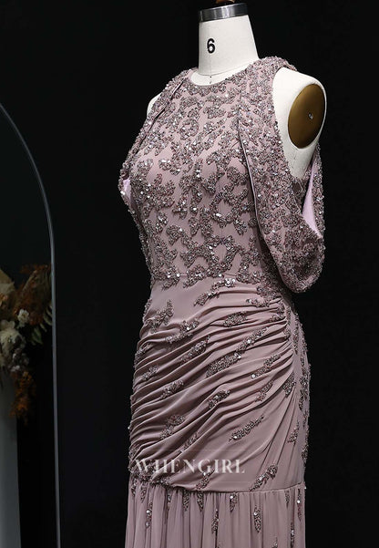 Wisteria Bateau Neck Sleeveless Formal Gown Beaded Pleated Floor Length Column Evening Dress